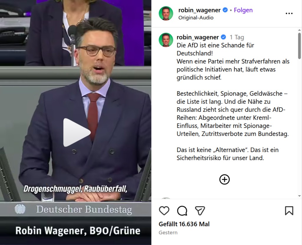 Screenshot von Robin Wageners Video seiner Rede vor dem Deutschen Bundestag über die Verbindungen der AfD zu Russland (Link zu Instagram)